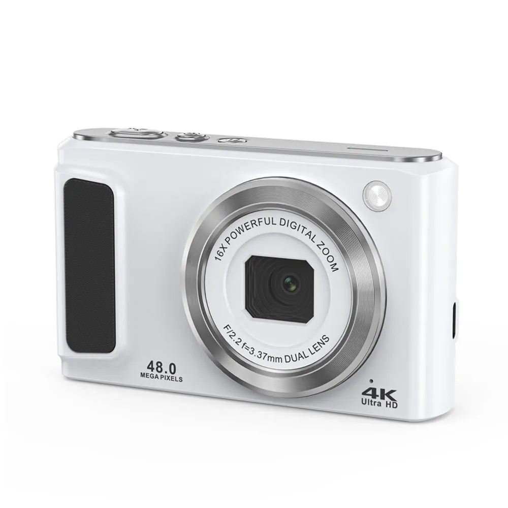 Entry-level 4K HD digital camera in black with front and rear dual lenses, compact ABS body on white background