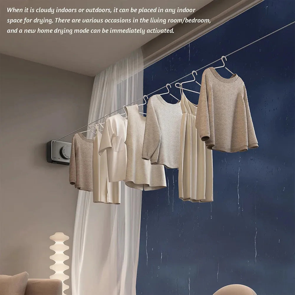 Gun grey retractable wall mounted clothesline extended to 4.8m with clothes hanging, ABS stainless steel construction