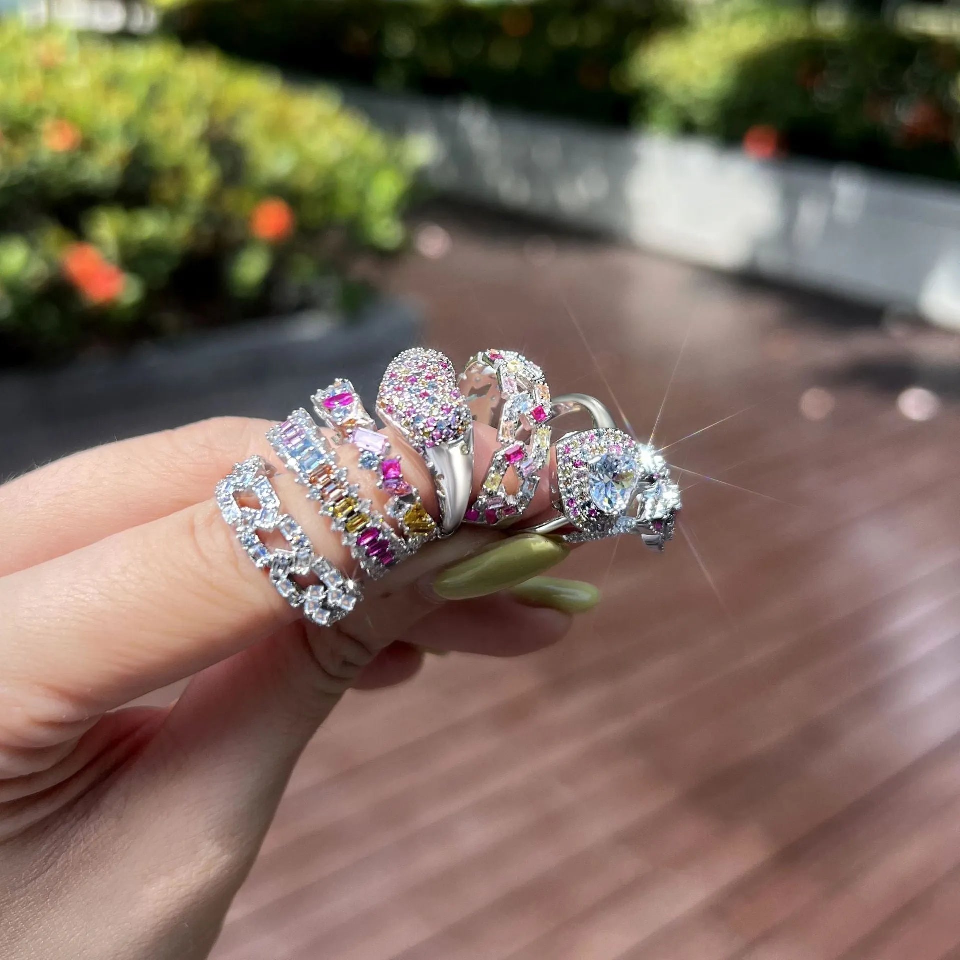 S925 sterling silver geometric ring with round zircon accents, adjustable opening, women's jewellery