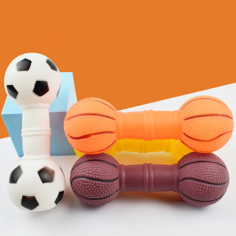 Non-toxic PVC squeaky dog chew toy shaped like a football and dumbbell in assorted colours.