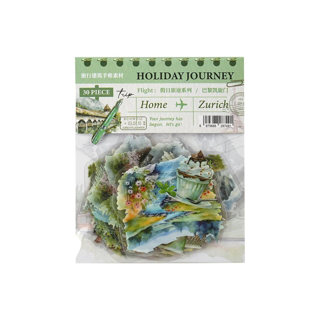 Holiday Journey architecture journal stickers showing six retro landmark designs including Paris Arc de Triomphe and London Big Ben