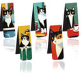 Set of 5 magnetic bookmarks with simple cute cat design in homemade style, displaying cartoon cat faces on colourful backing