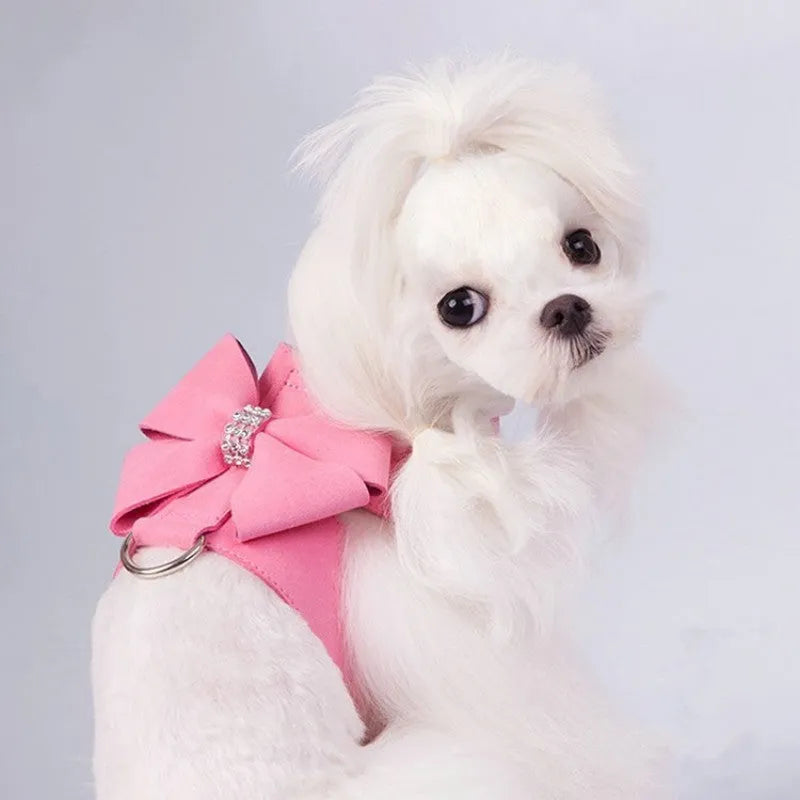 Cute fashion bowknot puppy chest strap harness in microfiber material showing colour options
