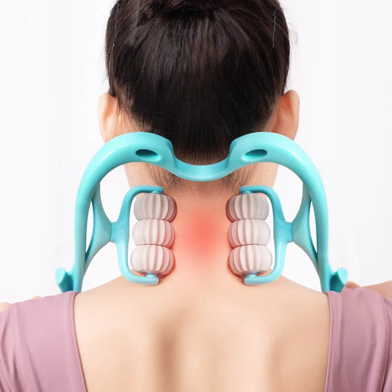 Blue plastic six-wheel neck and shoulder massager showing rolling wheel mechanism