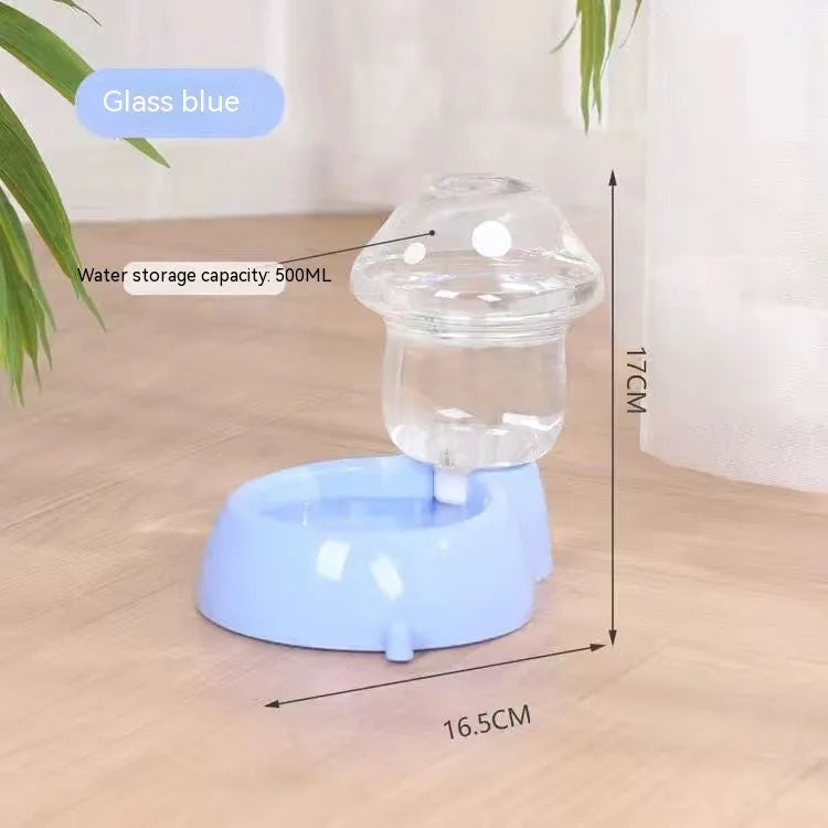 Blue mushroom-shaped automatic pet feeder with dual compartments for water and dry food, made from food-grade PP