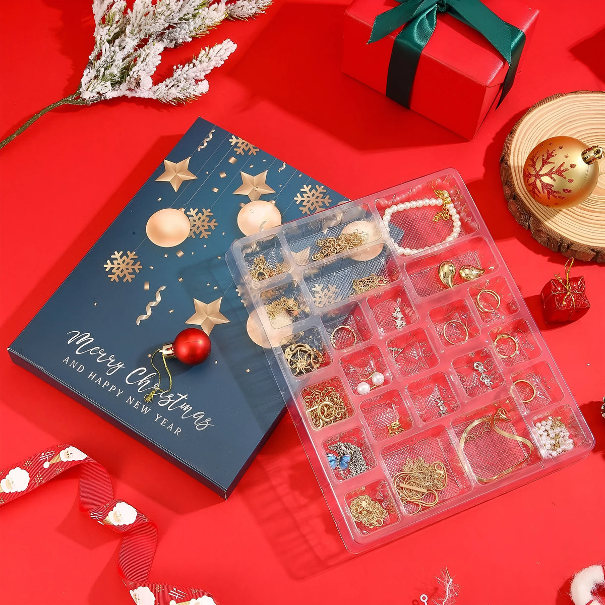 Christmas advent calendar jewellery set with earrings and necklace in alloy, three styles available, gift box packaging.