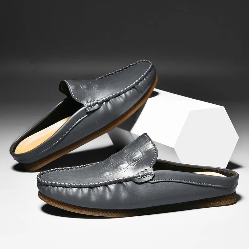 Men's black artificial PU summer semi-slippers with rubber sole shown from side view