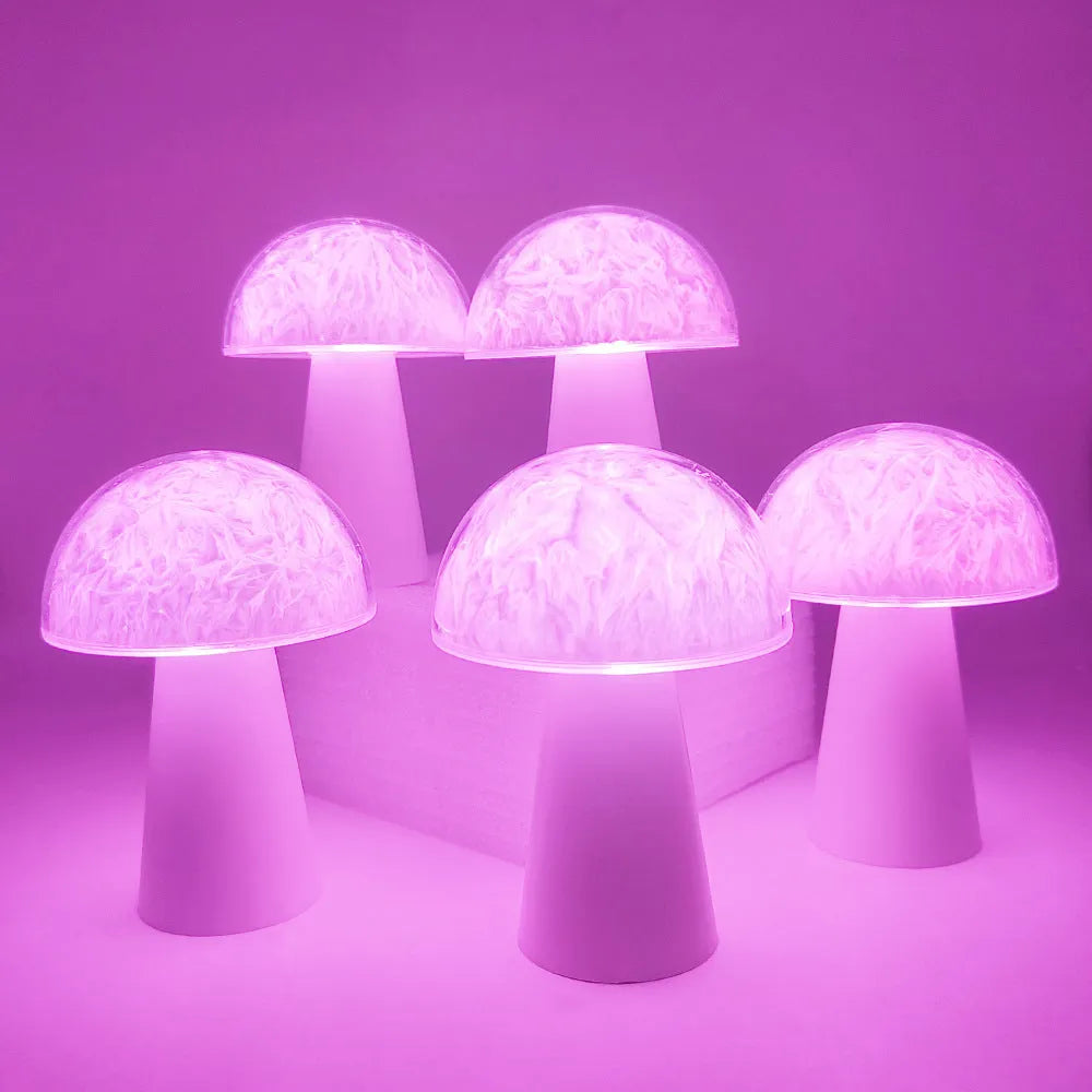 Mushroom-shaped RGB night light with remote control on wooden surface