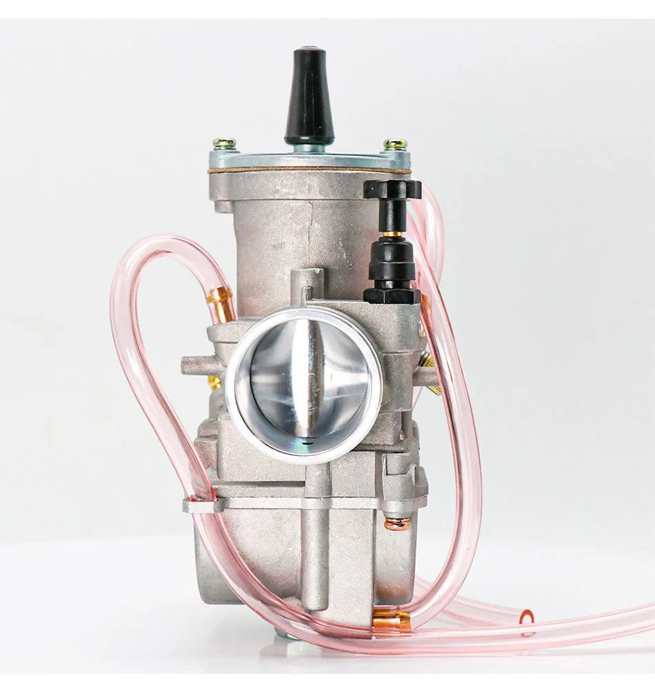 PWK sandblasted motorcycle carburettor conversion kit showing different bore sizes for engine performance modification.