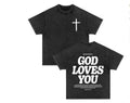 Men's cotton retro washed Bible verse T-shirt in black with letter pattern, straight cut