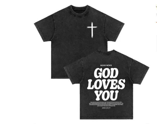 Men's cotton retro washed Bible verse T-shirt in black with letter pattern, straight cut