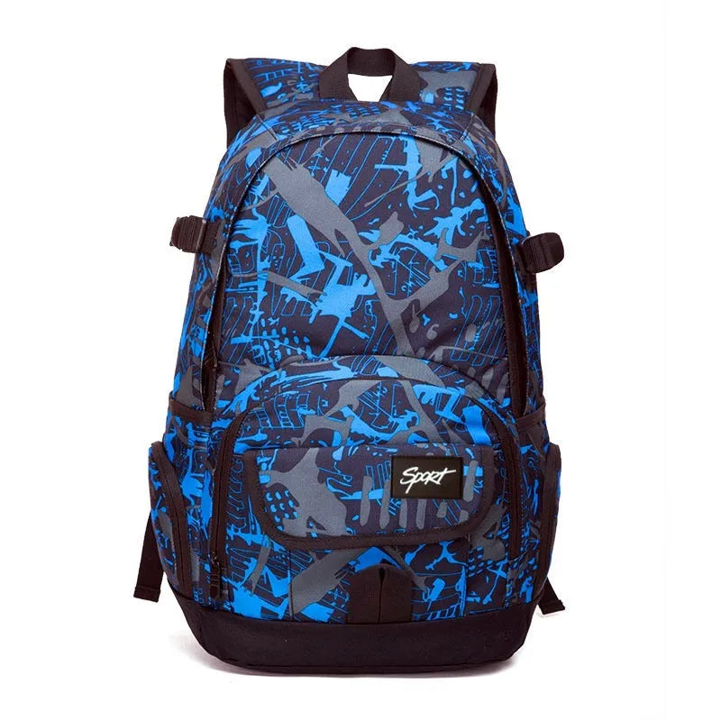 Blue and red classic nylon backpacks showing large capacity design for travel and school use