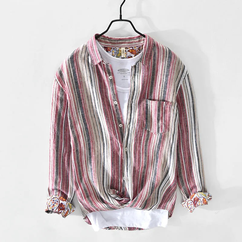 Men's striped linen shirt in loose fit with long sleeves, shown in red or grey colour options
