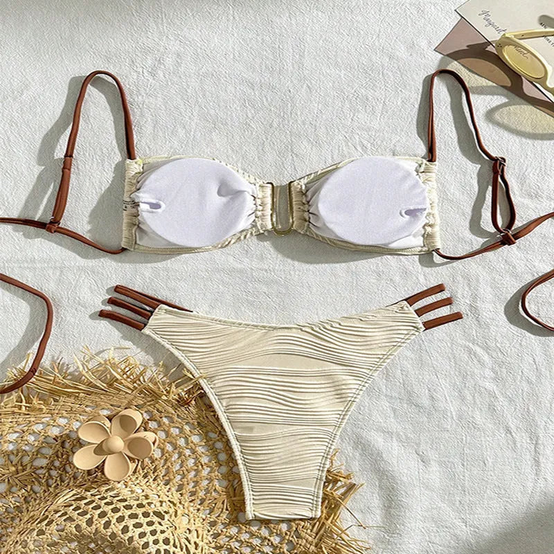 Women's khaki striped polyester three-point bikini set on a beach background sizes XS to L