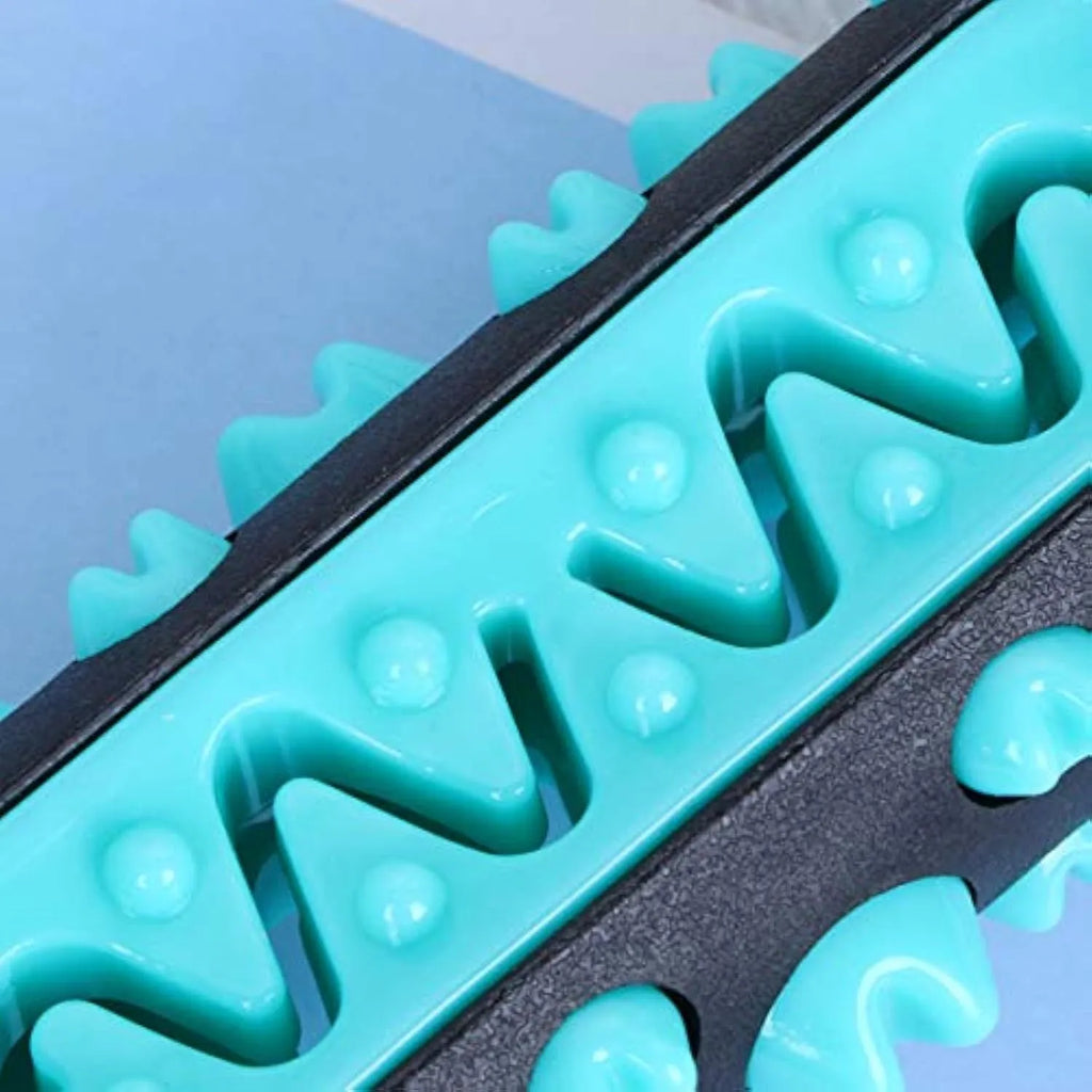 Natural rubber dog dental chew toy in blue, green, yellow, or black blue, showing textured cleaning surfaces.