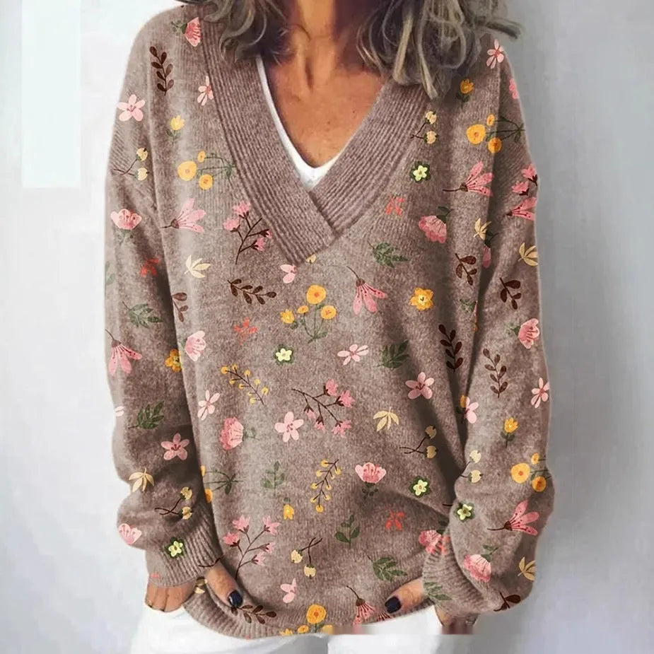 Women's floral printed sweatshirt with 3D pattern and V-neck design in art retro style