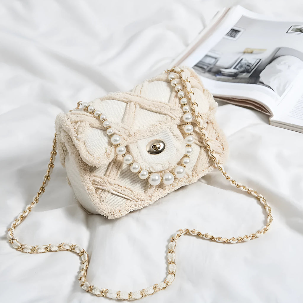 Lingge pearl bag cloth shoulder messenger bag with lock closure and geometric pattern in grey
