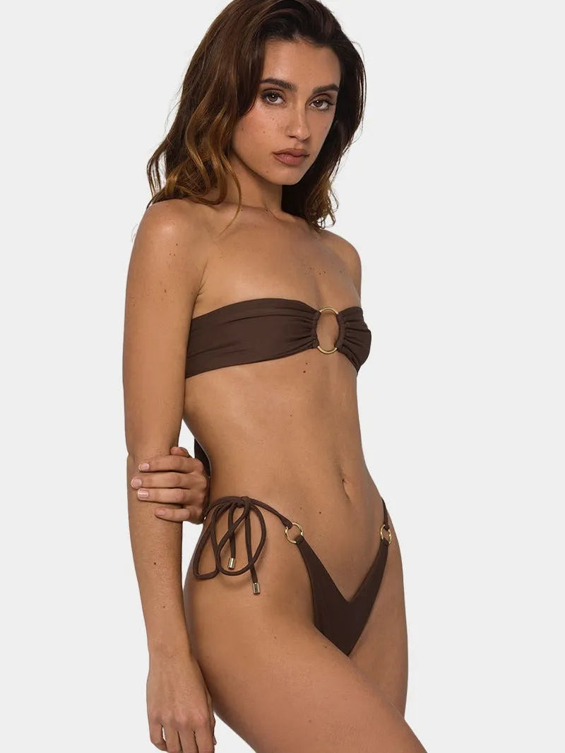 Brown tube top push up bikini swimsuit with split style design for women's swimming