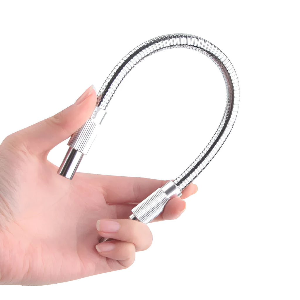 Silver metal flexible shaft extension for cordless drills in four lengths with 6.35mm shank diameter.