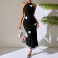 Black slim fit long small turtleneck dress with high waist and sleeveless cut in polyester fabric