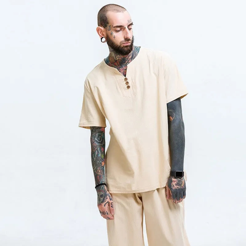 Men's loose cotton T-shirt in apricot colour showing relaxed fit and short sleeves
