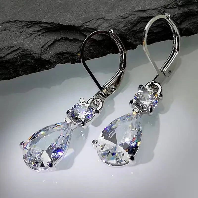 Fashion creative simple drop-shaped long earrings in white gold colour for women with diamond finish