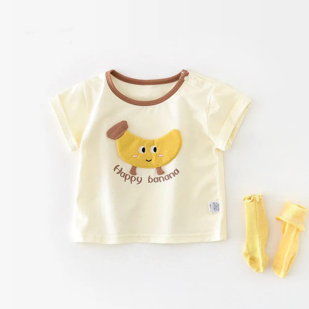 Baby summer cartoon banana round neck short sleeve top in cotton blend on white background