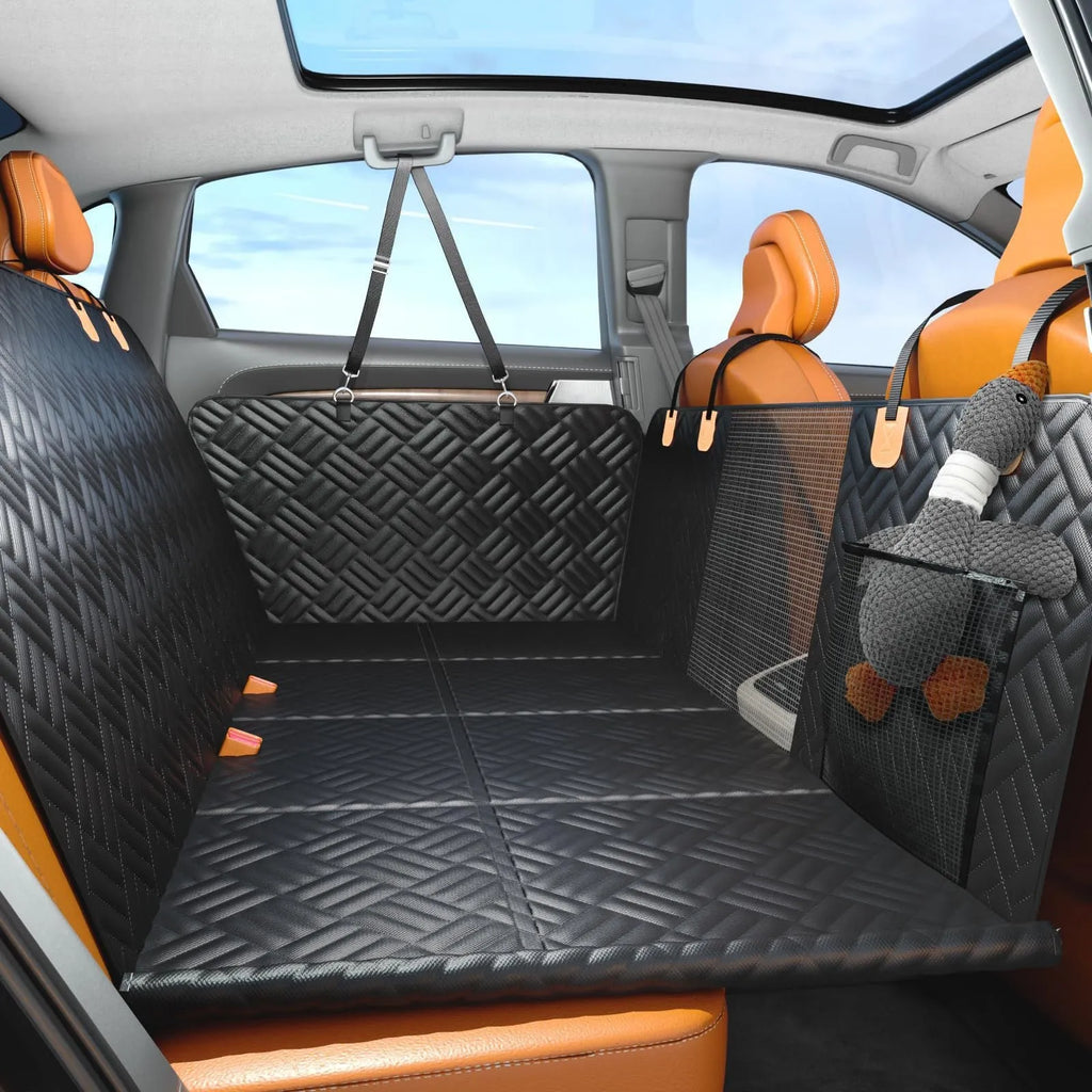Black cloth car pet mat placed on rear seat for dog travel protection