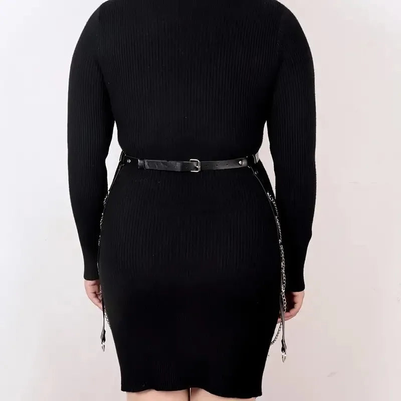 Black PU leather waist chain ornament with bandage-style binding design and adjustable chain