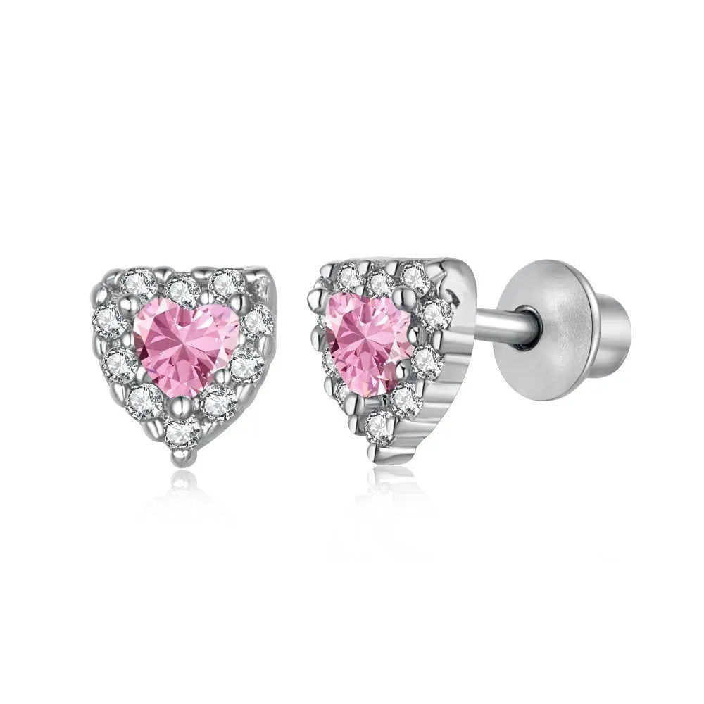 925 silver heart stud earrings with zircon detail in white or pink diamond colour
