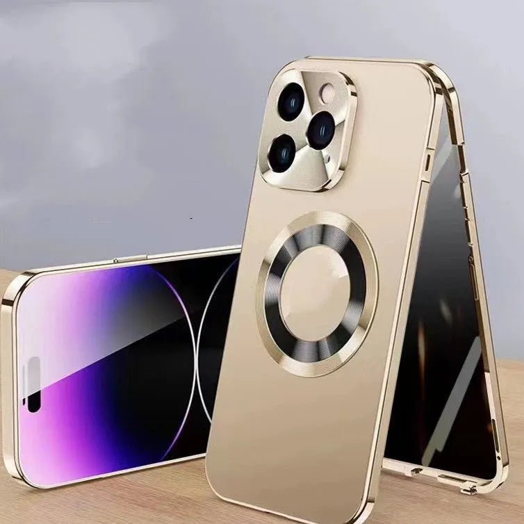 Magnetic iPhone case with metal clip in black, blue, gold, purple, or silver colour.