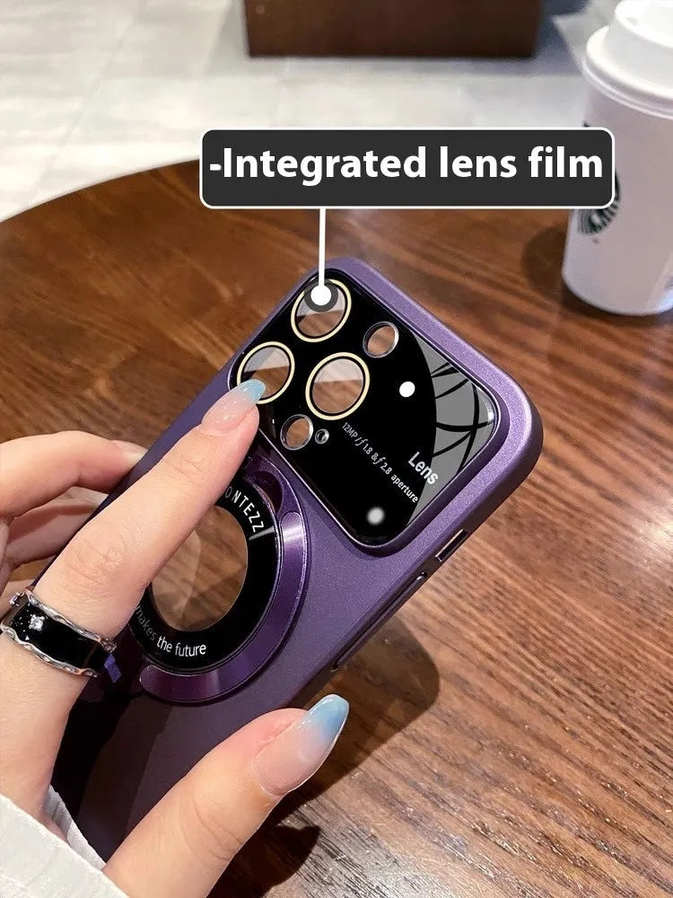 Magnetic flip iPhone case with lens protection, bracket, and PC cover in black