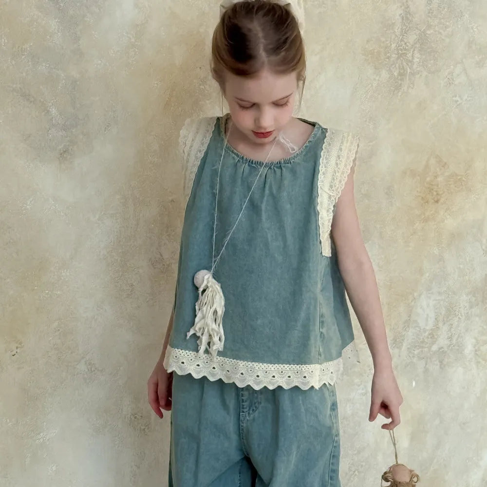 Light blue girls' lace trim denim cropped wide-leg pants and sleeveless vest two-piece set on model