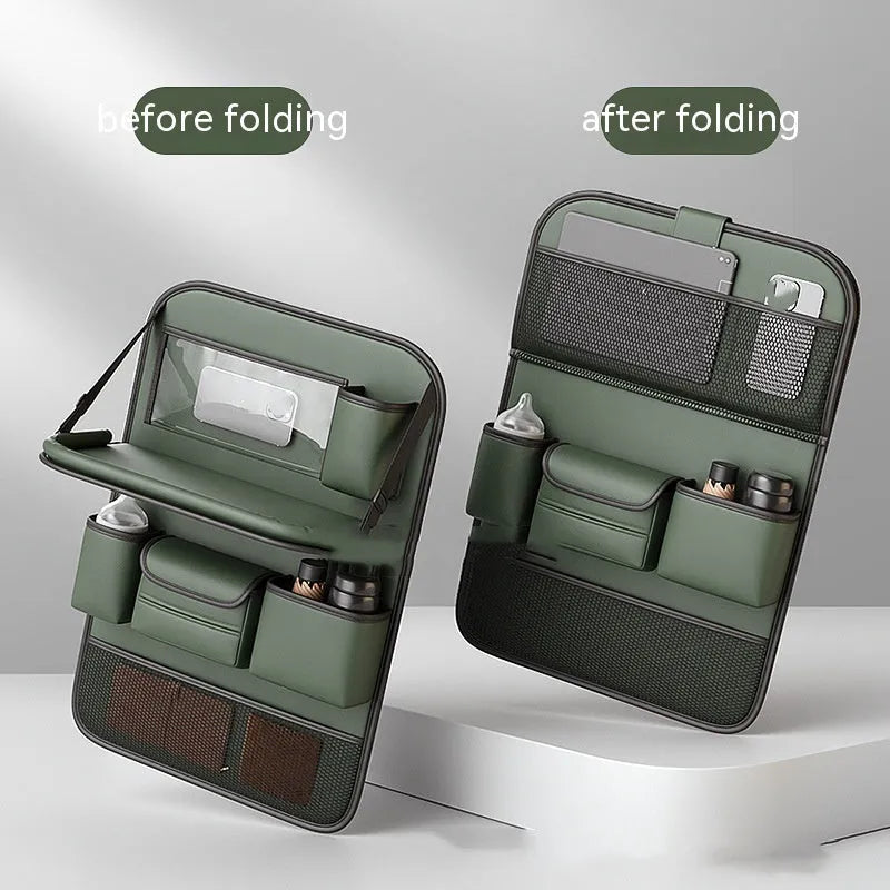 Leather car seat storage bag with foldable dining table in black colour