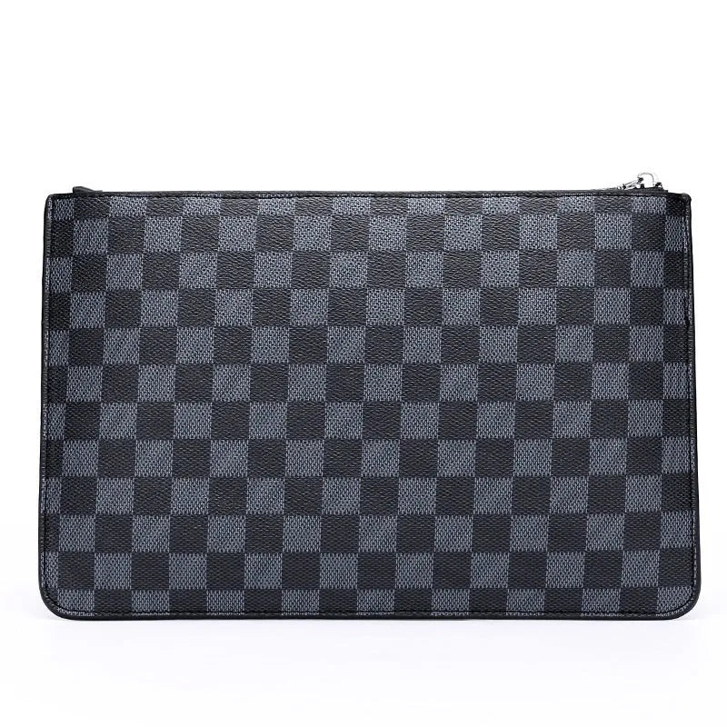 Men's black checkered PU leather clutch wallet with six card slots and zipper pocket