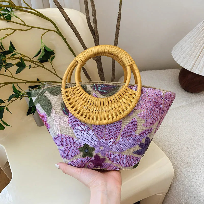 Cotton linen cylinder bag with sequin embroidery in lavender