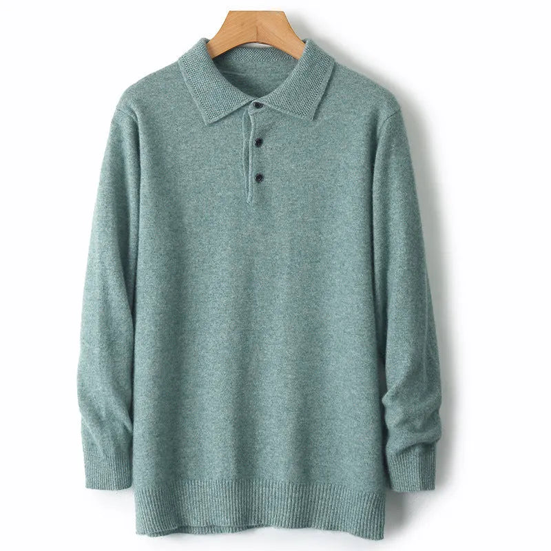 Men's woolen polo collar sweater pullover in various colours on a size chart background