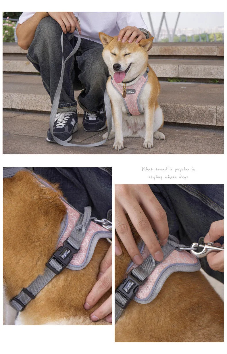 Nylon dog chest strap vest style harness in pink marble colour for small to large dogs