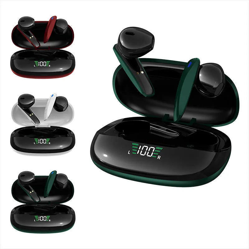 Y2 green wireless Bluetooth gaming earbuds with charging case and LED power display