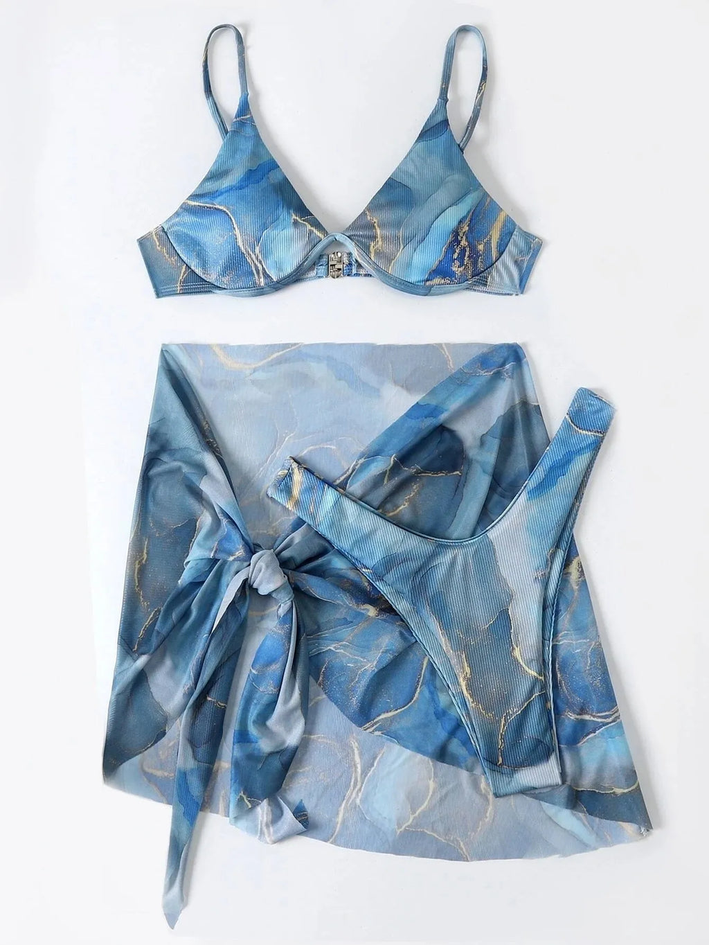 Marble print women's three-piece bikini swimwear set with skirt, bra, and panties on a mannequin.