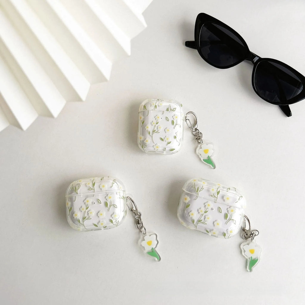 White floral high-transparent TPU protective cover for Apple AirPods on a table