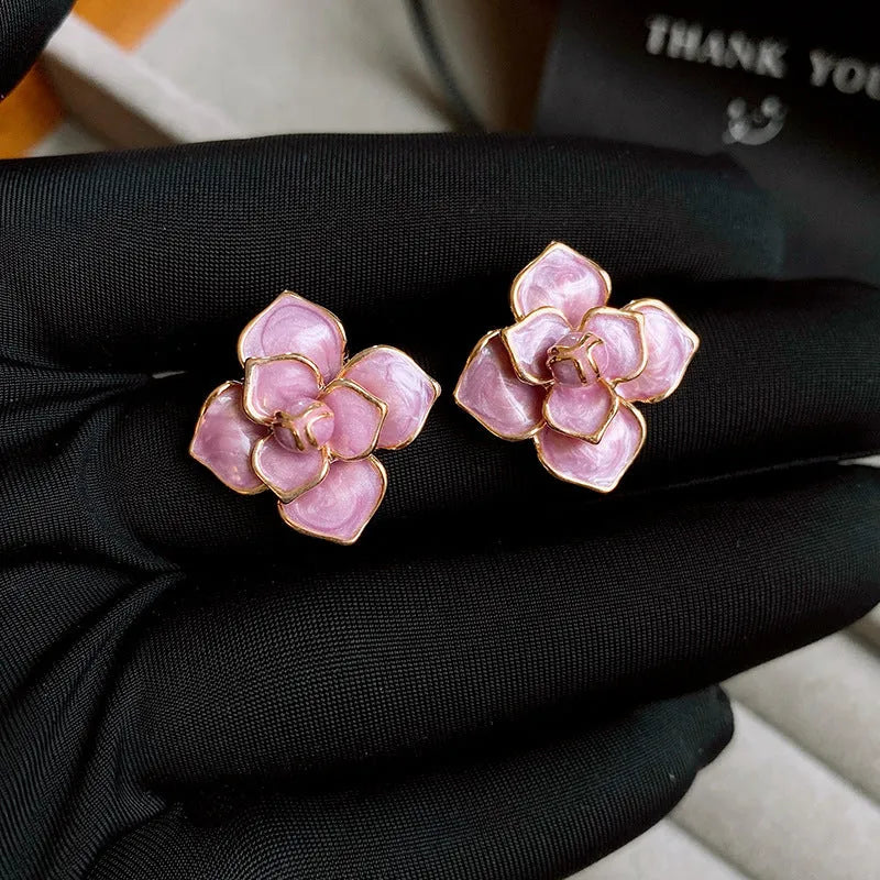 Purple oil-spot glaze flower stud earrings with gold plated silver needle on copper