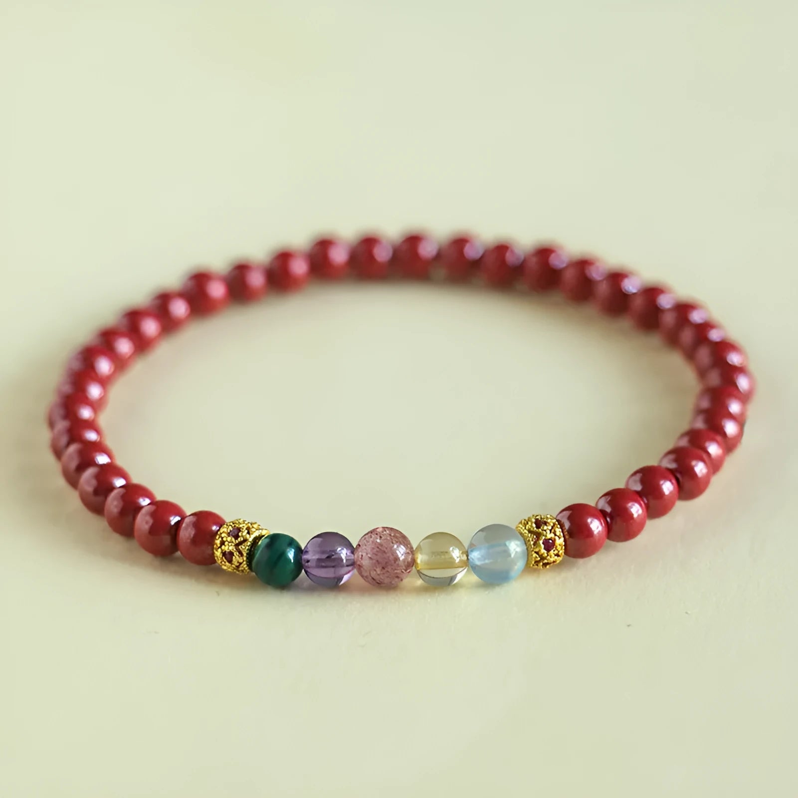 Purple gold cinnabar crystal string bracelet in couple style with handcrafted beads