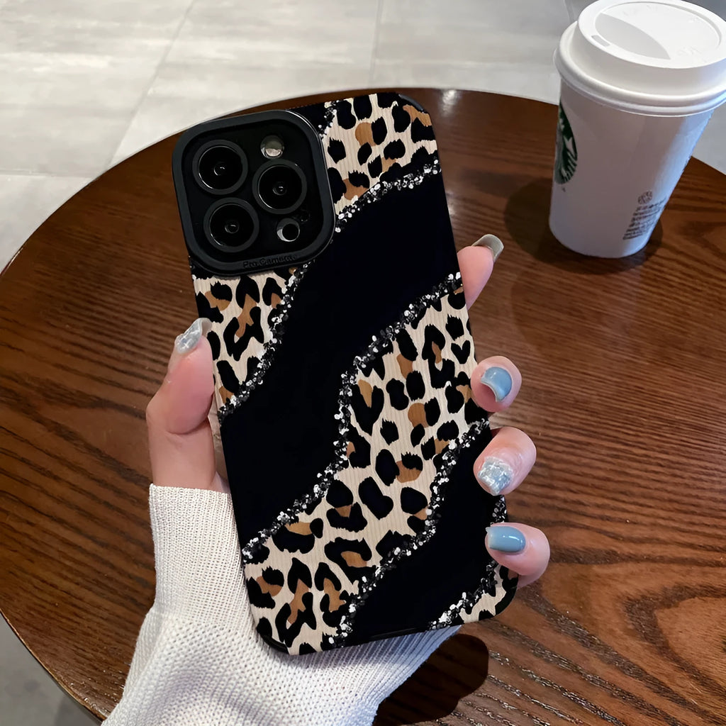 Black stitching leopard print imitation leather drop-resistant phone case for Apple iPhone models