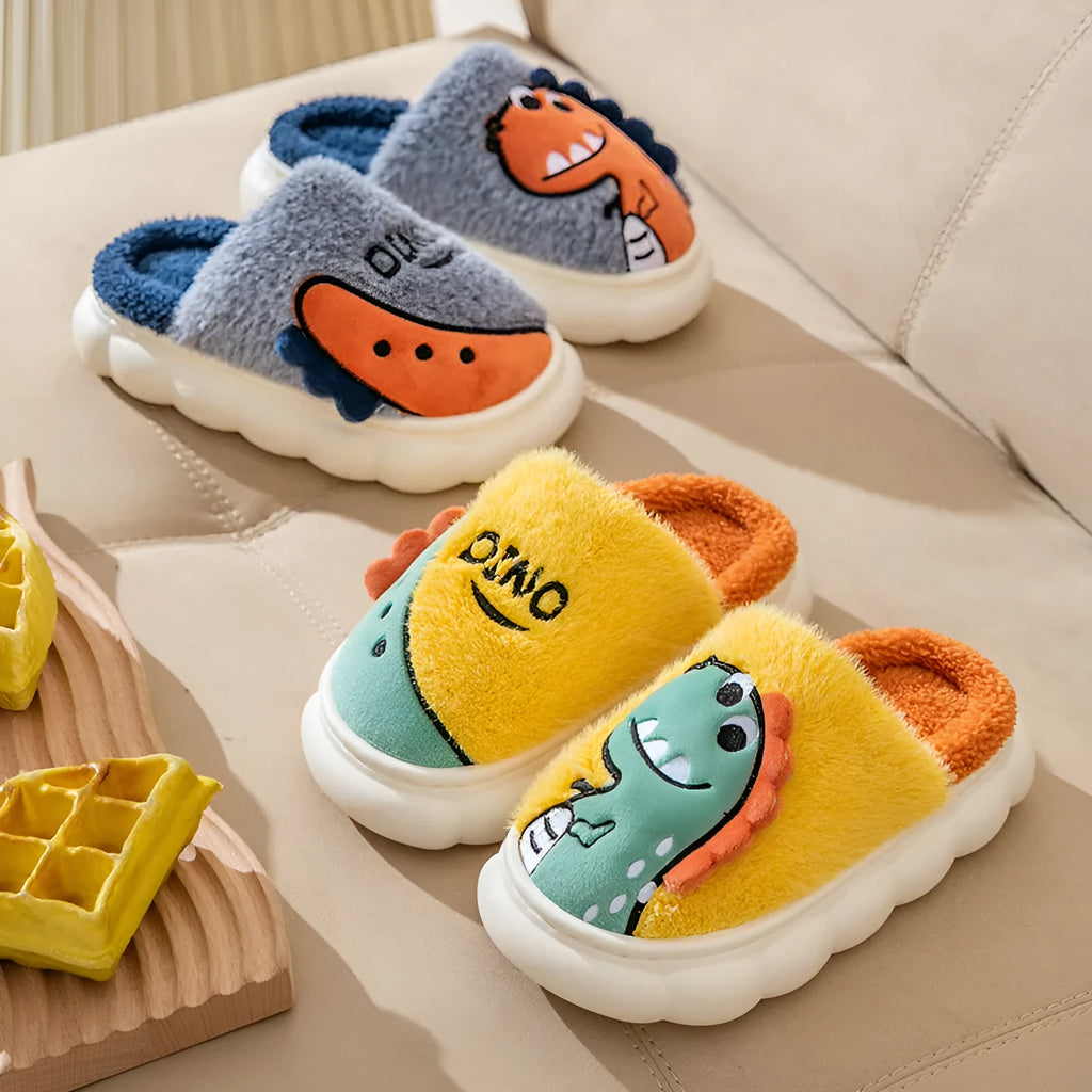 Cotton plush couple slippers with dinosaur patterns in grey, coffee and orange colour options