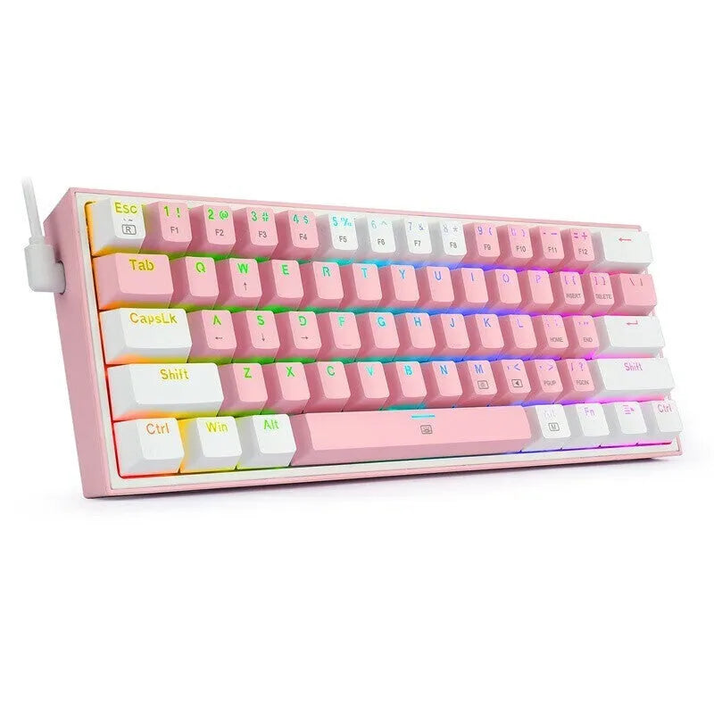 White pink mechanical keyboard with RGB backlighting and dual keycaps on black background