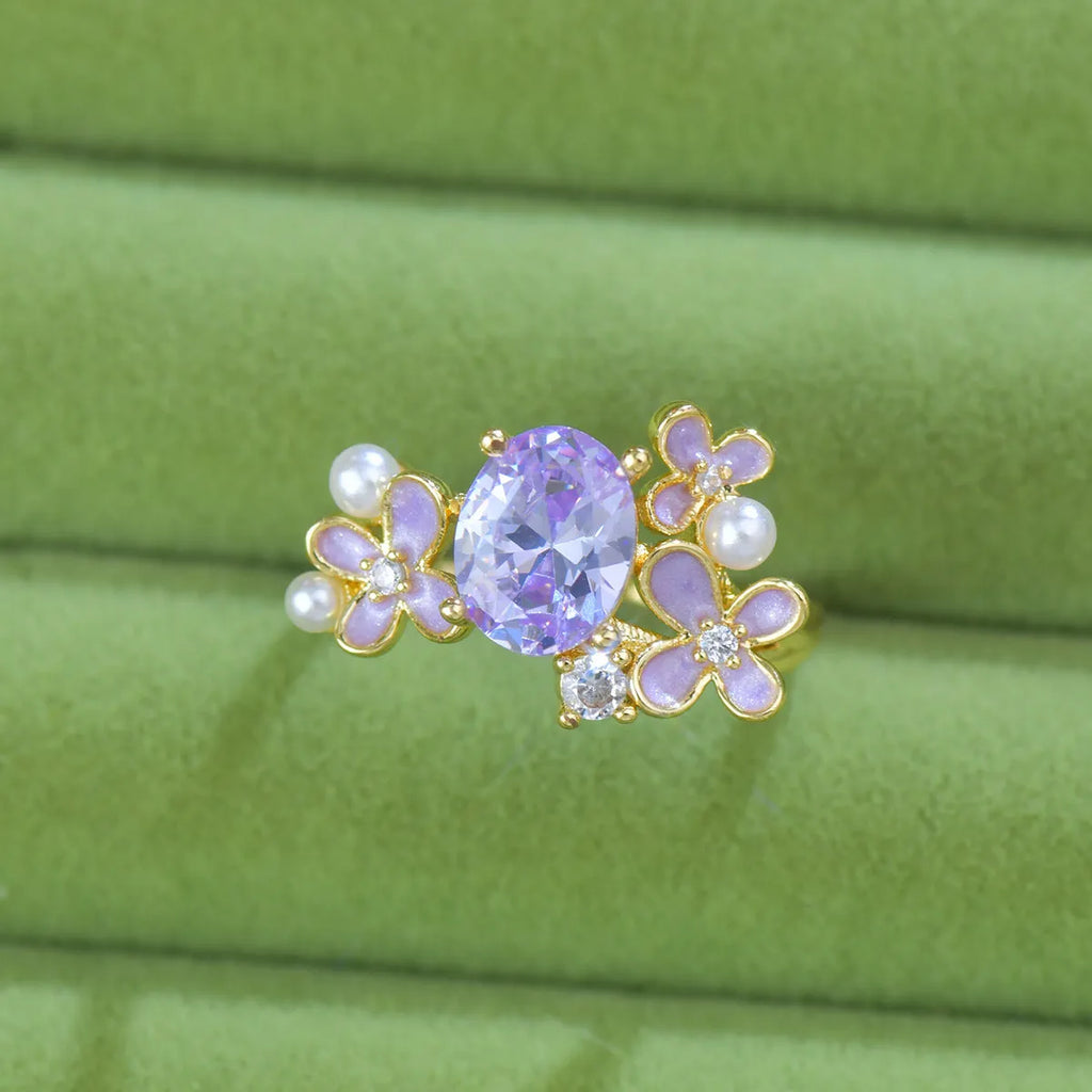 Women's open ring with flower pearl zircon design in yellow or light purple colour
