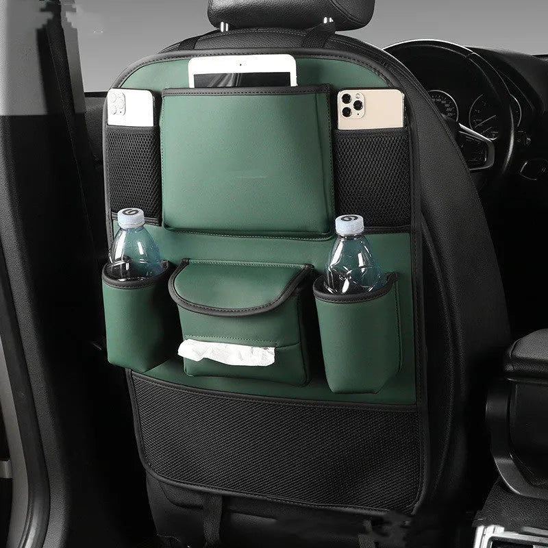 Genuine leather car seat back storage bag in black, grey, green, and brown colour options
