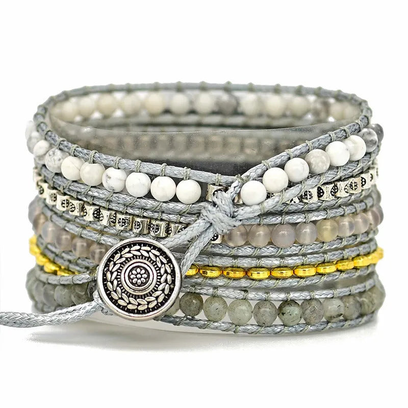 Natural stone beaded crystal watch strap in bohemian style, 38-45mm width, three sizes available