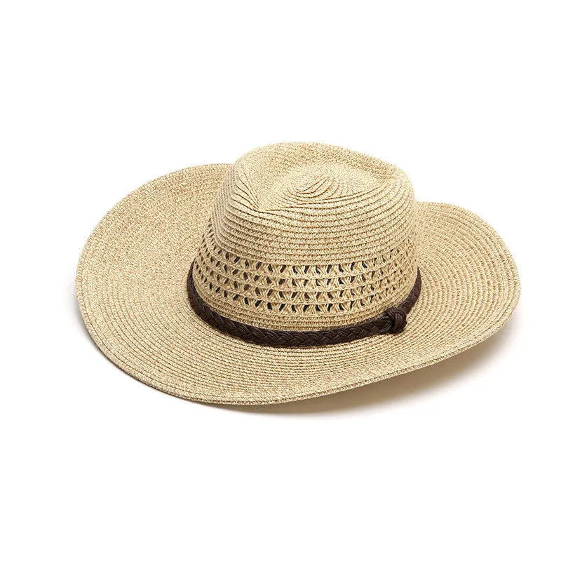 Men's foldable straw sun hat with wide brim in beige colour for summer outdoor use